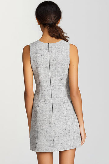 Grey Bodycon Tweed V-Neck Short Work Dress with Buttons